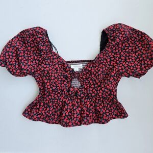 Band of the Free Strawberry Print Puff Sleeve Peplum Top Cottagecore Flirt Sz M